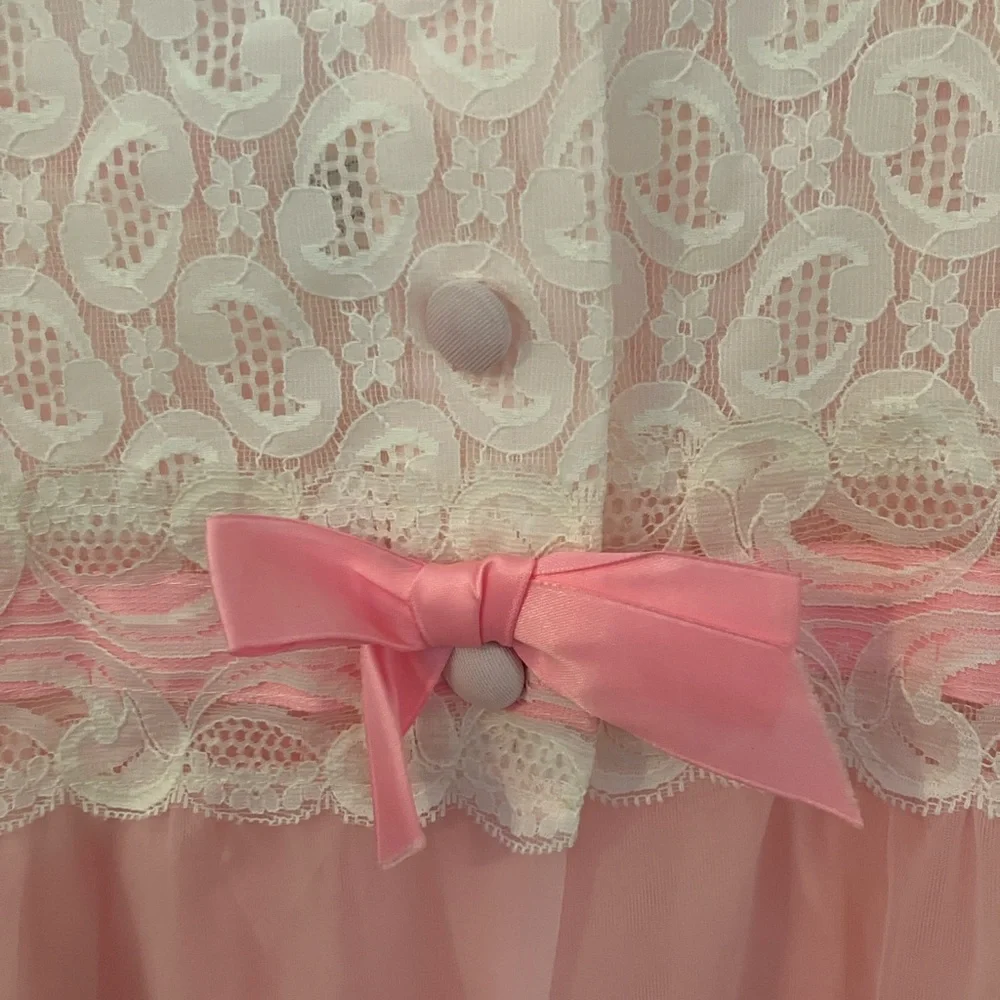 Vintage Nylon Lace Pink Lingerie Nightgown Robe Set Women’s Size M Daniella Inc - Picture 2 of 9